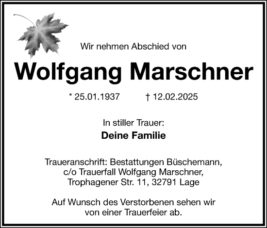Anzeige  Wolfgang Marschner  Lippische Landes-Zeitung