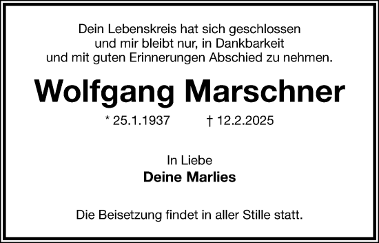 Anzeige  Wolfgang Marschner  Lippische Landes-Zeitung
