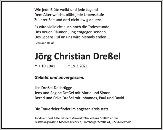 Anzeige  Jörg Christian Dreßel  Lippische Landes-Zeitung