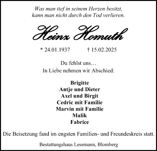 Anzeige  Heinz Homuth  Lippische Landes-Zeitung