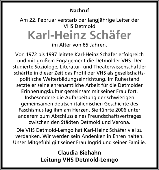Anzeige  Karl-Heinz Schäfer  Lippische Landes-Zeitung