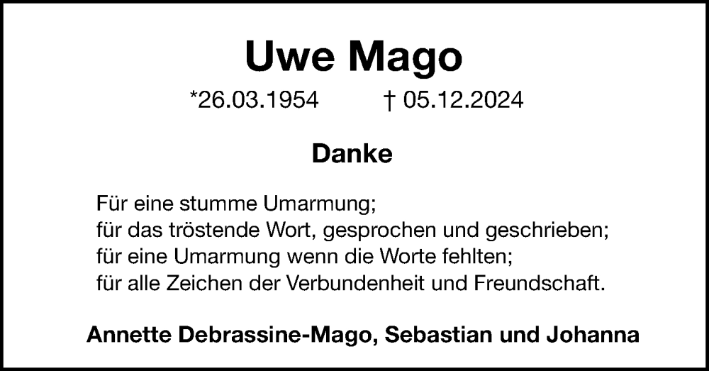  Traueranzeige für Uwe Mago vom 29.03.2025 aus Lippische Landes-Zeitung