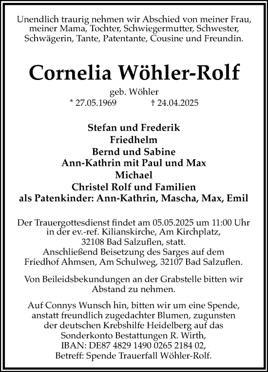 Anzeige  Cornelia Wöhler-Rolf  Lippische Landes-Zeitung