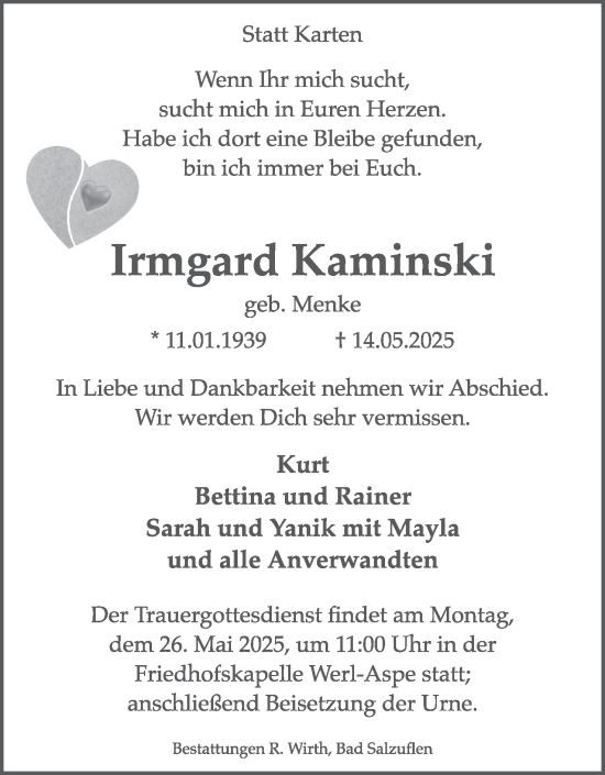 Anzeige  Irmgard Kaminski  Lippische Landes-Zeitung