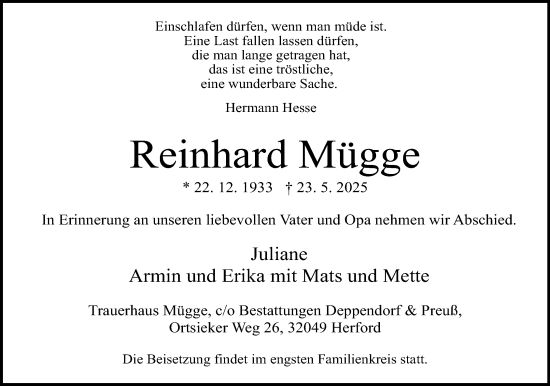 Anzeige  Reinhard Mügge  Lippische Landes-Zeitung