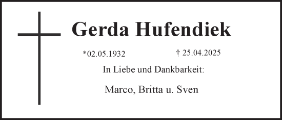Anzeige  Gerda Hufendiek  Lippische Landes-Zeitung