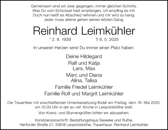 Anzeige  Reinhard Leimkühler   Lippische Landes-Zeitung