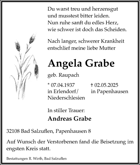 Anzeige  Angela Grabe  Lippische Landes-Zeitung