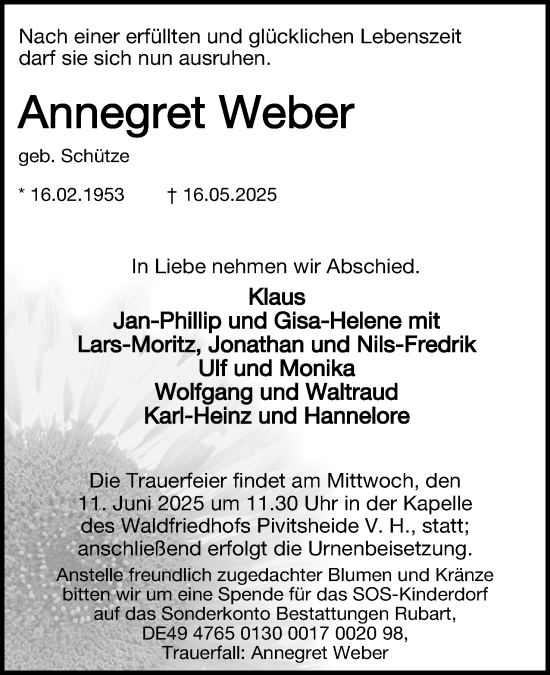 Anzeige  Annegret Weber  Lippische Landes-Zeitung
