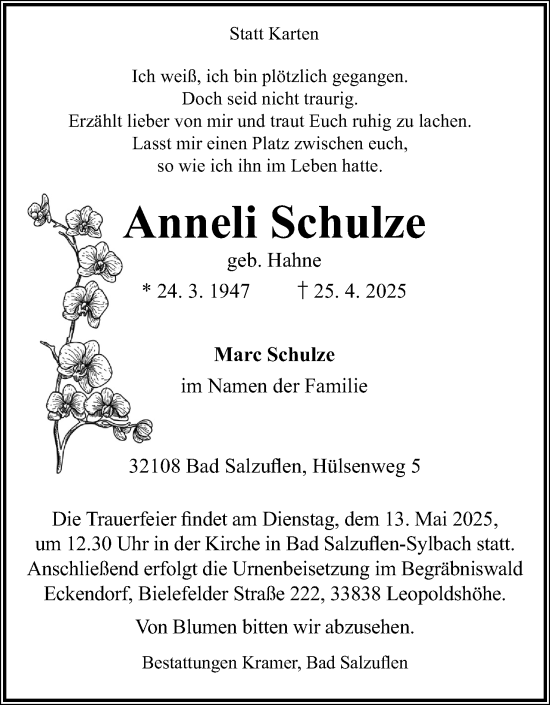 Anzeige  Anneli Schulze  Lippische Landes-Zeitung