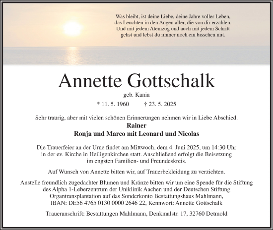 Anzeige  Annette Gottschalk  Lippische Landes-Zeitung