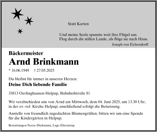 Anzeige  Arnd Brinkmann  Lippische Landes-Zeitung