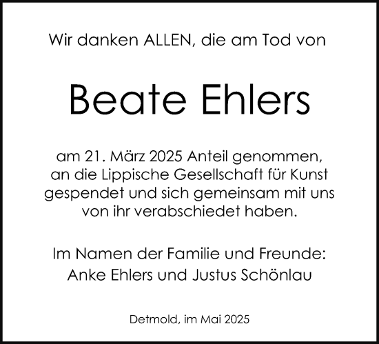 Anzeige  Beate Ehlers  Lippische Landes-Zeitung