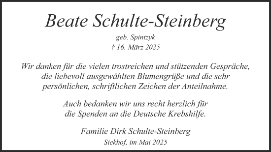 Anzeige  Beate Schulte-Steinberg  Lippische Landes-Zeitung