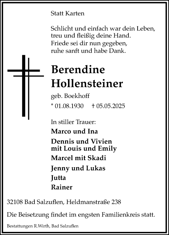 Anzeige  Berendine Hollensteiner  Lippische Landes-Zeitung