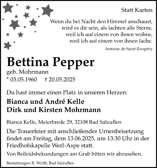 Anzeige  Bettina Pepper  Lippische Landes-Zeitung