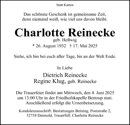 Anzeige  Charlotte Reinecke  Lippische Landes-Zeitung
