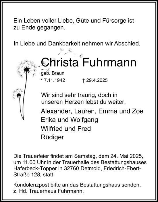 Anzeige  Christa Fuhrmann  Lippische Landes-Zeitung