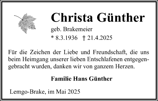 Anzeige  Christa Günther  Lippische Landes-Zeitung