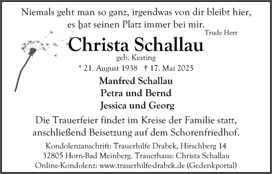 Anzeige  Christa Schallau  Lippische Landes-Zeitung