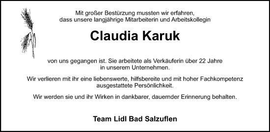 Anzeige  Claudia Karuk  Lippische Landes-Zeitung