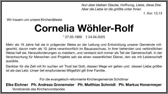 Anzeige  Cornelia Wöhler-Rolf  Lippische Landes-Zeitung