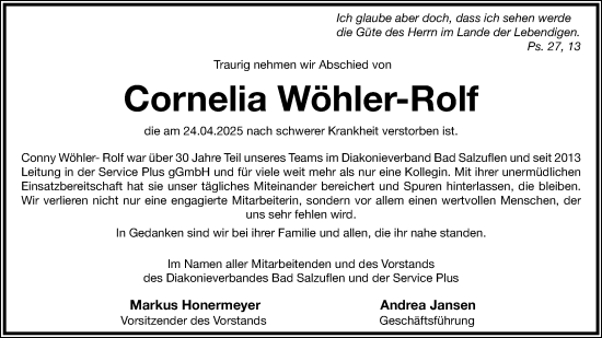 Anzeige  Cornelia Wöhler-Rolf  Lippische Landes-Zeitung