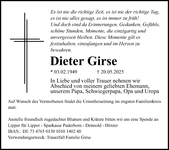 Anzeige  Dieter Girse  Lippische Landes-Zeitung