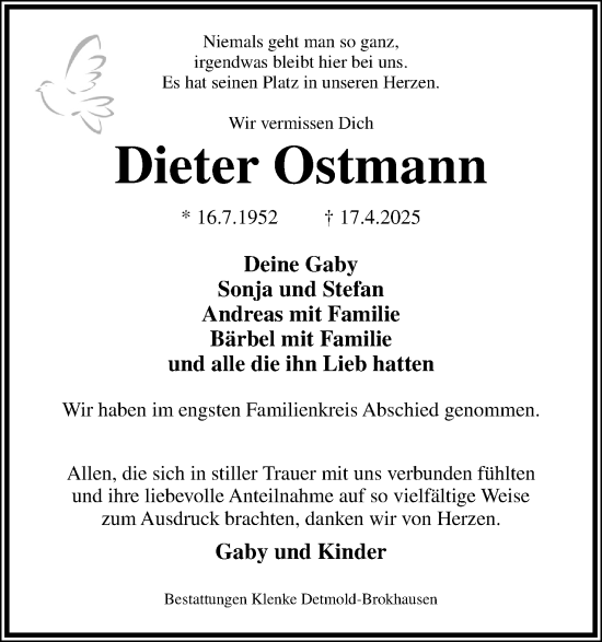 Anzeige  Dieter Ostmann  Lippische Landes-Zeitung