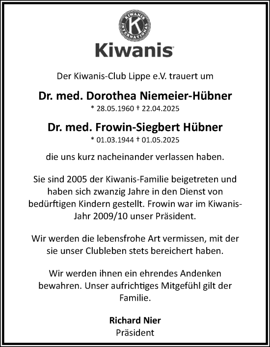 Anzeige  Dorothea Niemeier-Hübner  Lippische Landes-Zeitung