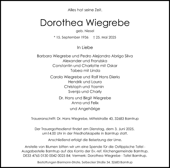 Anzeige  Dorothea Wiegrebe  Lippische Landes-Zeitung