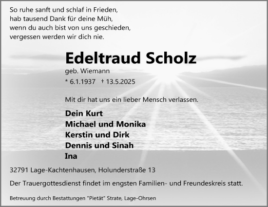 Anzeige  Edeltraud Scholz  Lippische Landes-Zeitung