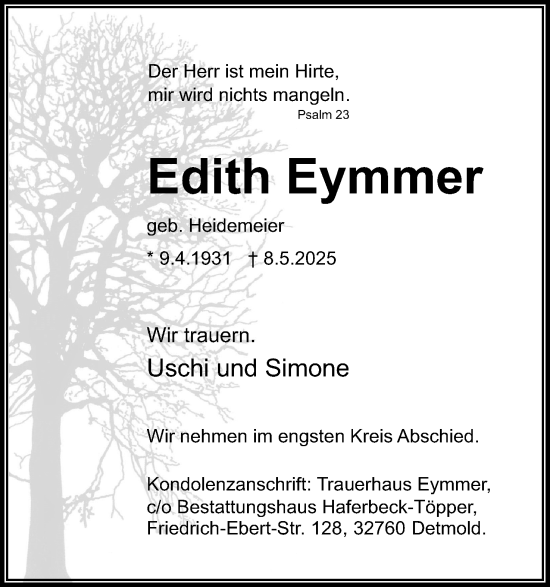 Anzeige  Edith Eymmer  Lippische Landes-Zeitung