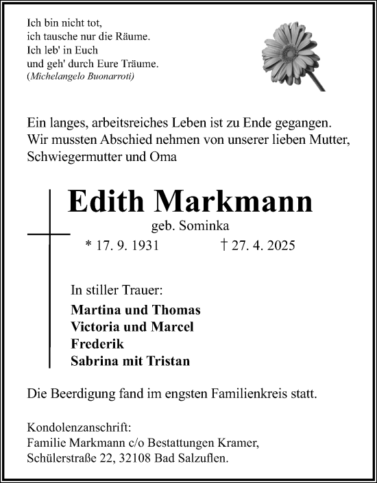 Anzeige  Edith Markmann  Lippische Landes-Zeitung