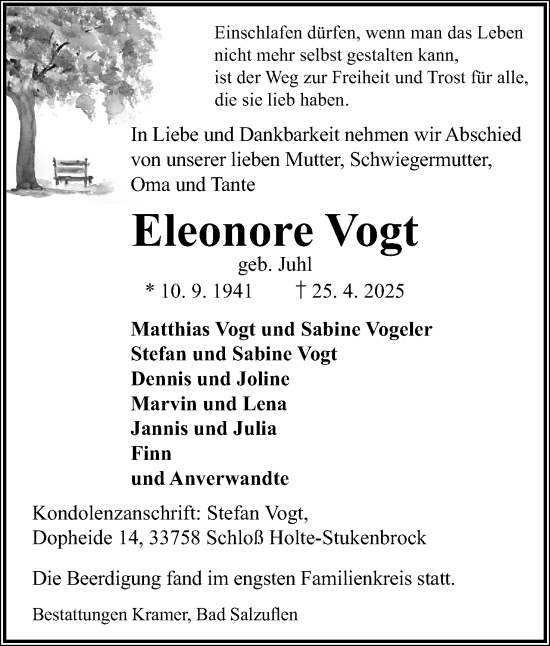 Anzeige  Eleonore Vogt  Lippische Landes-Zeitung