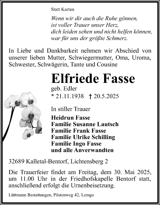 Anzeige  Elfriede Fasse  Lippische Landes-Zeitung