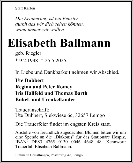 Anzeige  Elisabeth Ballmann  Lippische Landes-Zeitung