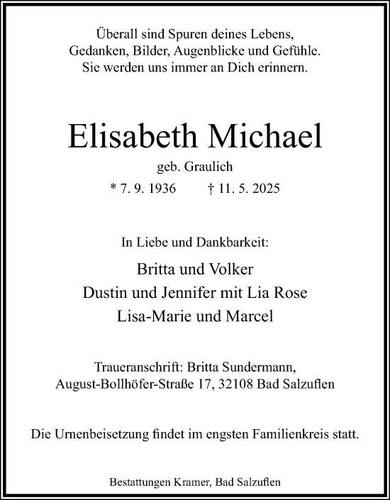Anzeige  Elisabeth Michael  Lippische Landes-Zeitung
