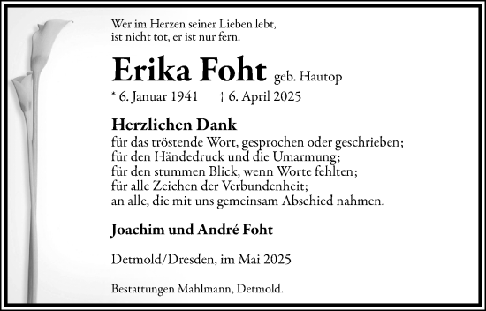 Anzeige  Erika Foht  Lippische Landes-Zeitung