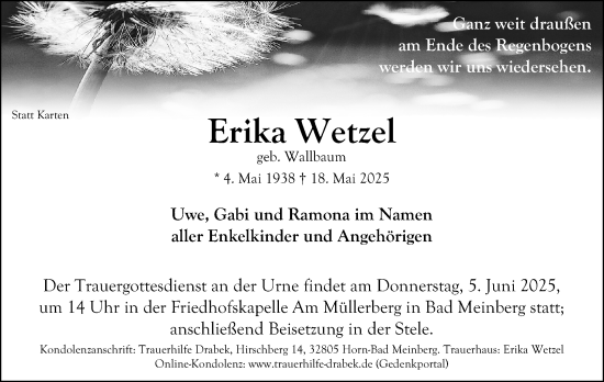Anzeige  Erika Wetzel  Lippische Landes-Zeitung