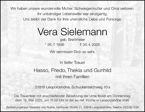 Anzeige  Vera Sielemann   Lippische Landes-Zeitung