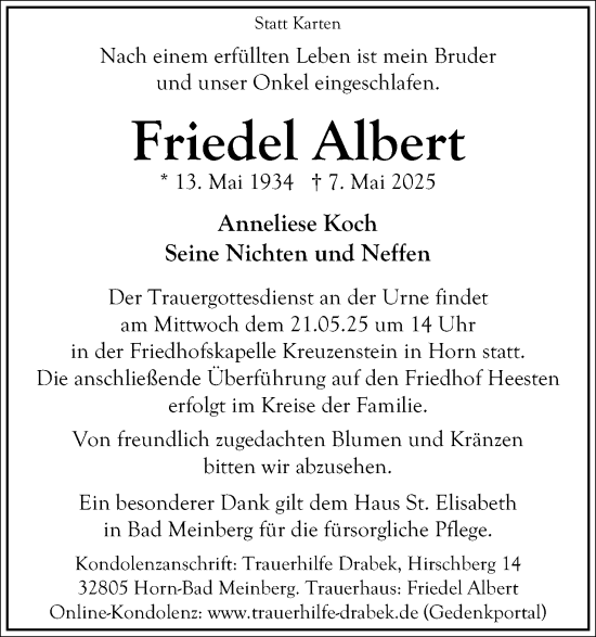 Anzeige  Friedel Albert  Lippische Landes-Zeitung