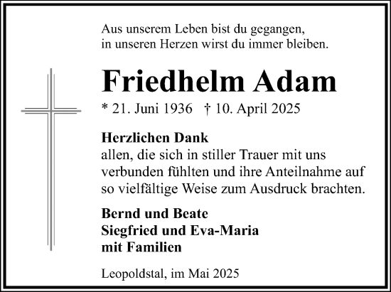 Anzeige  Friedhelm Adam  Lippische Landes-Zeitung