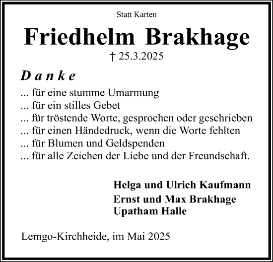 Anzeige  Friedhelm Brakhage  Lippische Landes-Zeitung