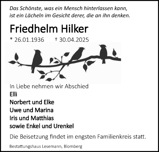 Anzeige  Friedhelm Hilker  Lippische Landes-Zeitung