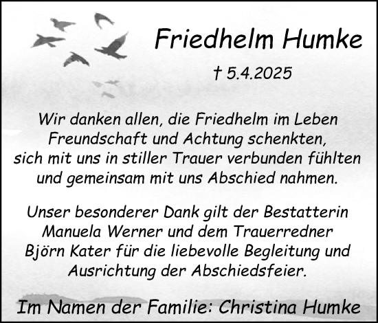 Anzeige  Friedhelm Humke  Lippische Landes-Zeitung
