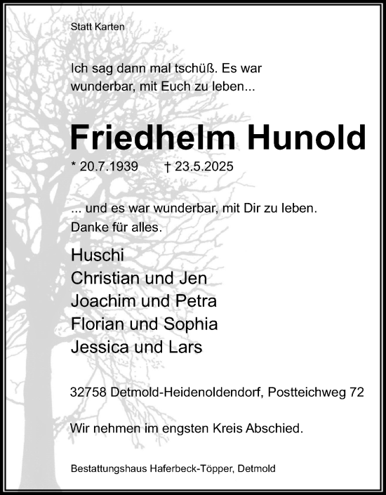 Anzeige  Friedhelm Hunold  Lippische Landes-Zeitung