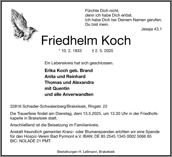Anzeige  Friedhelm Koch  Lippische Landes-Zeitung