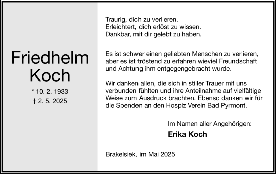 Anzeige  Friedhelm Koch  Lippische Landes-Zeitung