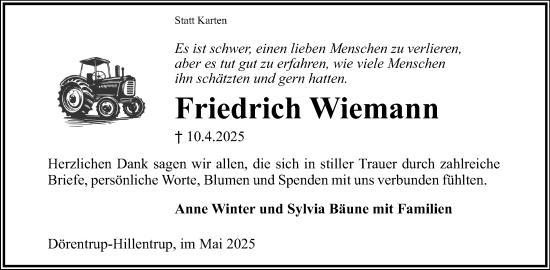 Anzeige  Friedrich Wiemann  Lippische Landes-Zeitung